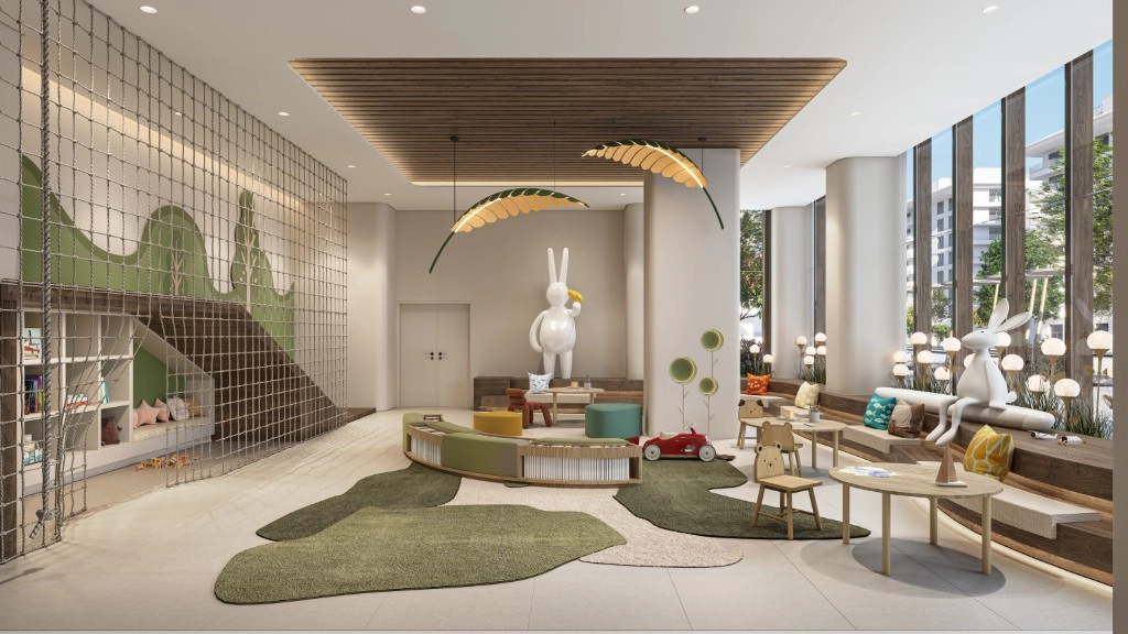Living area with floor-to-ceiling windows and smart home features